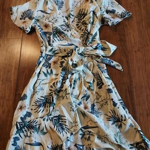 Tropical Ruffle Faux Wrap Dress